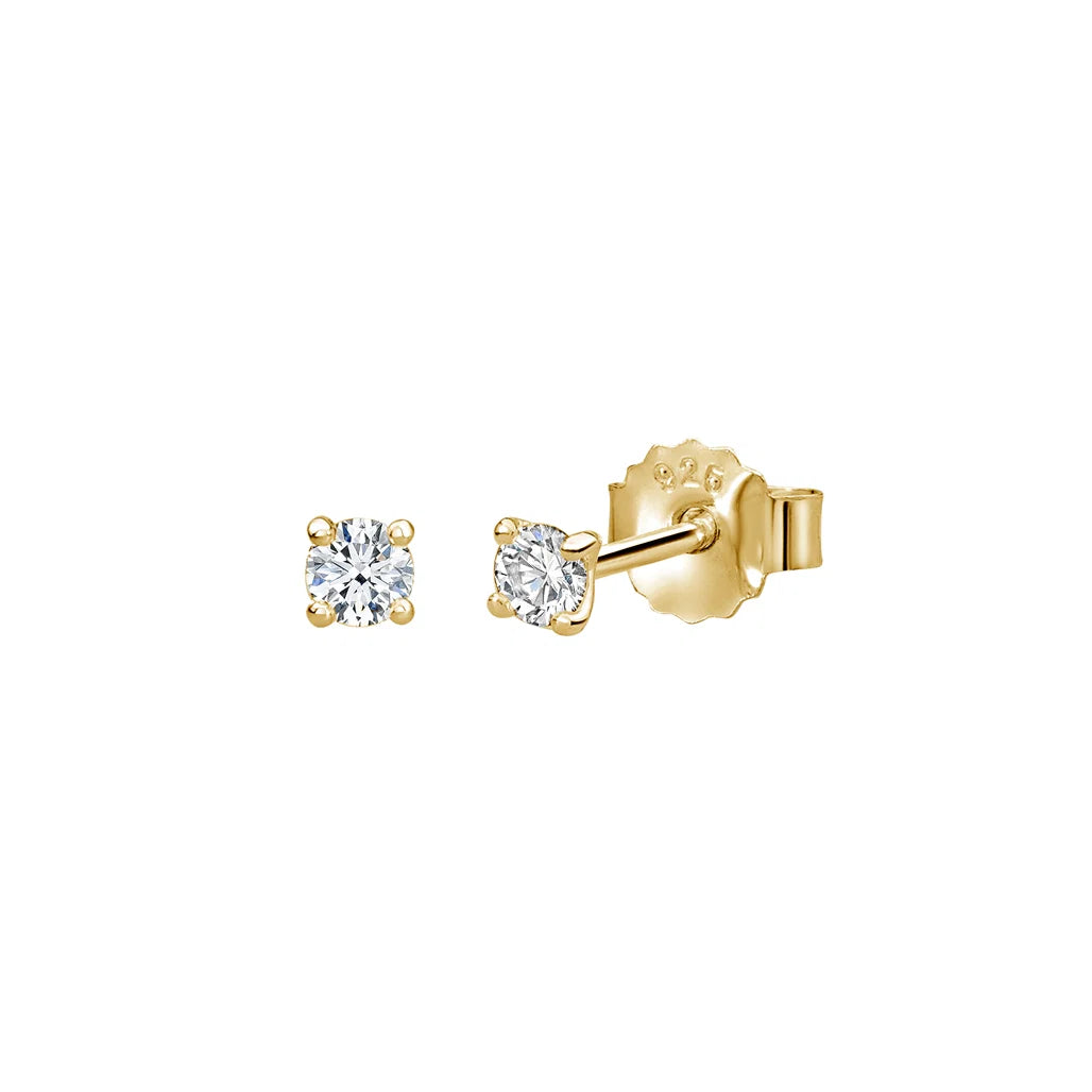 Small Studs 3mm White Topaz Stone Yellow Gold Plate